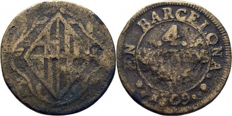 JOSÉ NAPOLEÓN. Barcelona. 4 cuartos. 1809. Fundida (giro moneda). Cy14641. TrgCu...