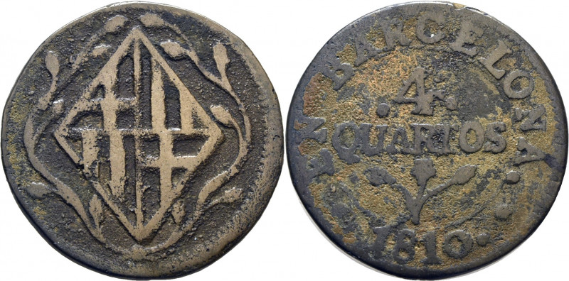 JOSÉ NAPOLEÓN. Barcelona. 4 cuartos. 1810. Fundida (giro moneda). Cy14643. TrgCu...