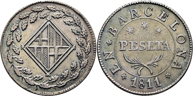JOSÉ NAPOLEÓN. Barcelona. Peseta. 1811. Cy14671. TrgAg3 (R1). Leves restos de ve...
