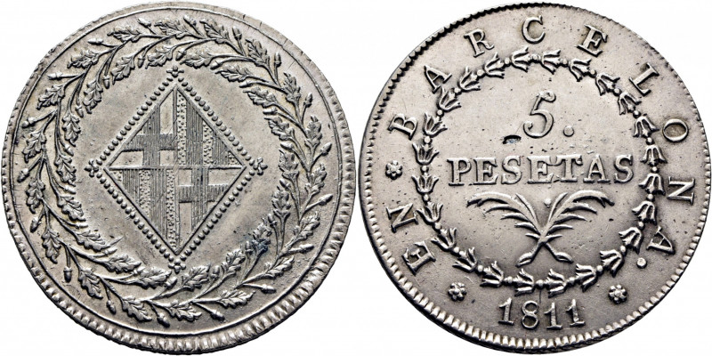 JOSÉ NAPOLEÓN. Barcelona. 5 pesetas. 1811. 24 rosetas. Cy14708. TrgAg14 (R2 17.0...