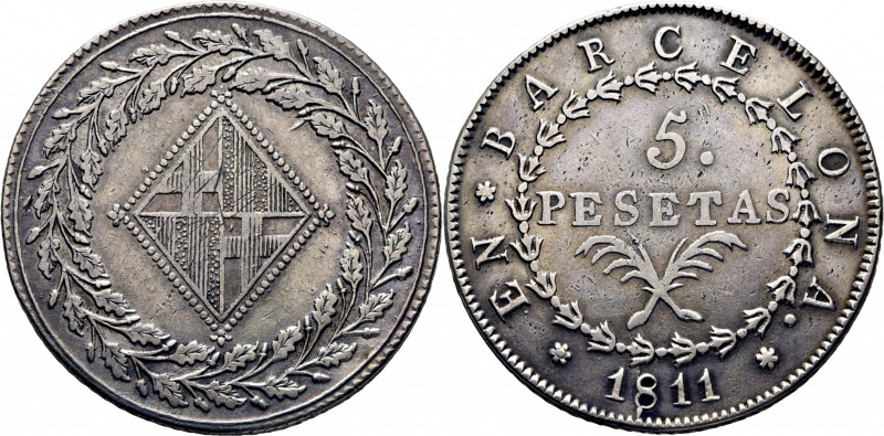 JOSÉ NAPOLEÓN. Barcelona. 5 pesetas. 1811. 22 rosetas. Cy14709. TrgAg14 (R2 17.0...