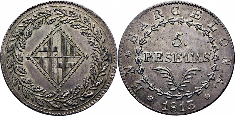 JOSÉ NAPOLEÓN. Barcelona. 5 pesetas. 1813. BARGELONA. Cy14717. TrgAg16 (R3 25.00...