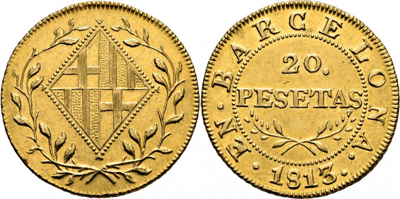 JOSÉ NAPOLEÓN. Barcelona. 20 pesetas. 1813. Cy14726. TrgAu2 (R2 45.000 pts.). F2...