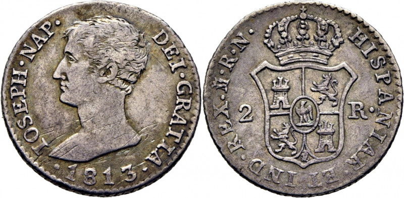 JOSÉ NAPOLEÓN. Madrid. 2 reales. 1813. AI. Cy14664. TrgAg22 (R3). Rayas en terci...