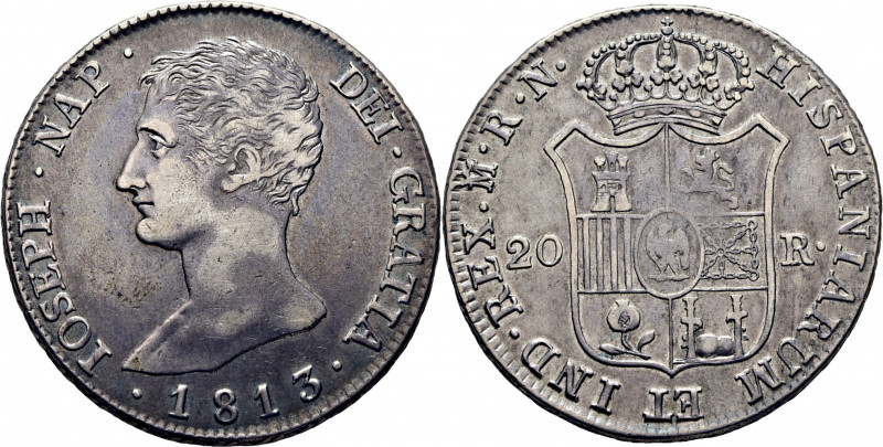 JOSÉ NAPOLEÓN. Madrid. 20 reales. 1813. RN. Cy14718. TrgAg44 (R2 20.000 pts.). S...
