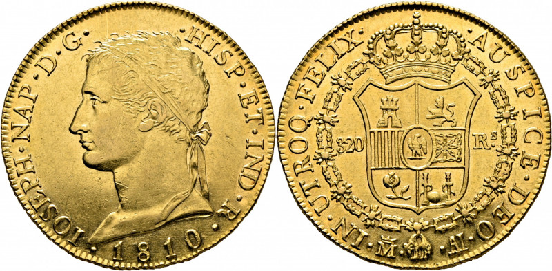 JOSÉ NAPOLEÓN. Madrid. 320 reales. 1810. AI. Cy14729. TrgAu9 (R5 250.000 pts.). ...