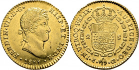 FERNANDO VII. Cádiz. 2 escudos. 1811. CI. Marca de ceca pequeña. Casi EBC. Atractiva
