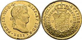FERNANDO VII. Cádiz. 2 escudos. 1811. CI. Ensayadores invertidos. Casi EBC-. Atractiva. Rara