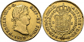 FERNANDO VII. Cádiz. 2 escudos. 1812. CI. Marca de ceca pequeña