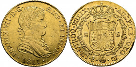 FERNANDO VII. Cádiz. 8 escudos. 1811. C.I. Sin punto delante de HISP. Atractivo reverso. Rara