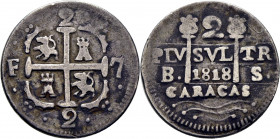 FERNANDO VII. Caracas. 2 reales. 1818. BS. Leones y castillos