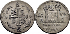 FERNANDO VII. Caracas. 2 reales. 1818. BS. Sin F7. Acuñada en 1830. Leones y castillos. Muy escasa