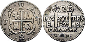 FERNANDO VII. Caracas. 2 reales. 1820. BS. Cruz pequeña. Leones y castillos. Escasa