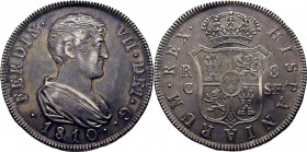 FERNANDO VII. Cataluña (Reus o Tarragona). 8 reales. 1810. SF. Prácticamente EBC. Atractivo tono. Buen ejemplar. Rara
