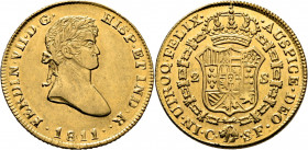 FERNANDO VII. Cataluña (Tarragona). 2 escudos. 1811. SF. Rarísima. Conocemos 5 ejemplares