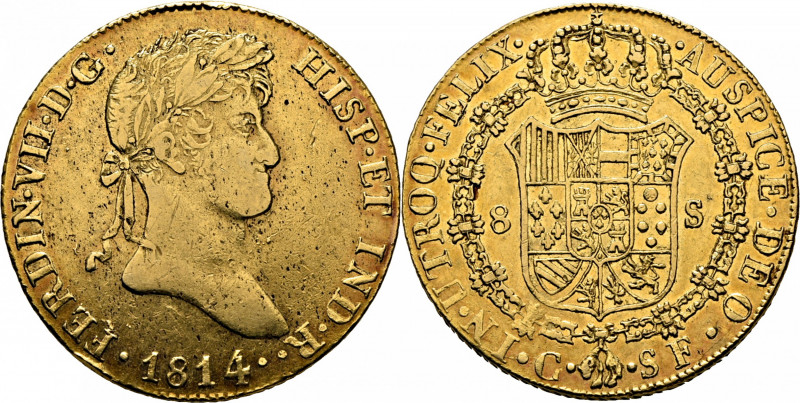FERNANDO VII. Cataluña. 8 escudos. 1814. SF. Cy16428. F310. K481. Defectuoso lam...