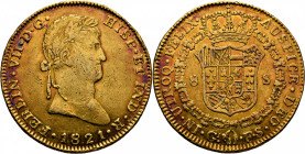 FERNANDO VII. Guadalajara. 8 escudos. 1821. FS. Llamativo y precioso tono rojizo. Atractiva. Muy rara