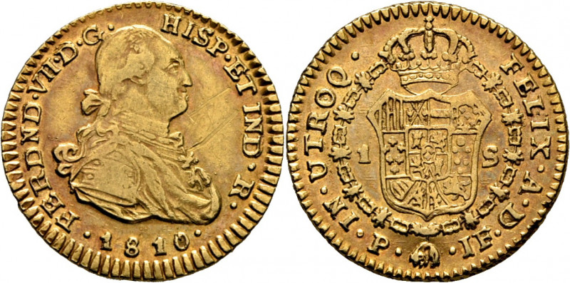 FERNANDO VII. Popayán. Escudo. 1810. JF. Cy16133. F66. K64.2. Rayas delante del ...