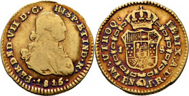 FERNANDO VII. Popayán. Escudo. 1815 sobre 4. FR. Ceca P·N. Bonito intenso tono rojizo. Extraordinariamente rara. Primera vez que la vemos