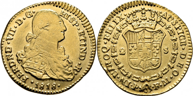 FERNANDO VII. Popayán. 2 escudos. 1818 el primero 8 rectificado sobre otro 8. FM...