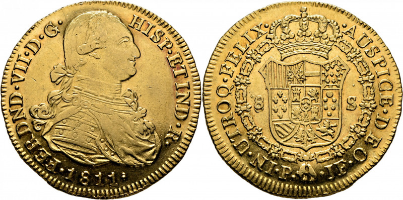 FERNANDO VII. Popayán. 8 escudos. 1811. JF. El dígito del valor rectificado para...