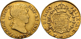 FERNANDO VII. Potosí. Escudo. 1822. PJ. Buen ejemplar para la serie. El mejor de los pocos conocidos. Rarísima