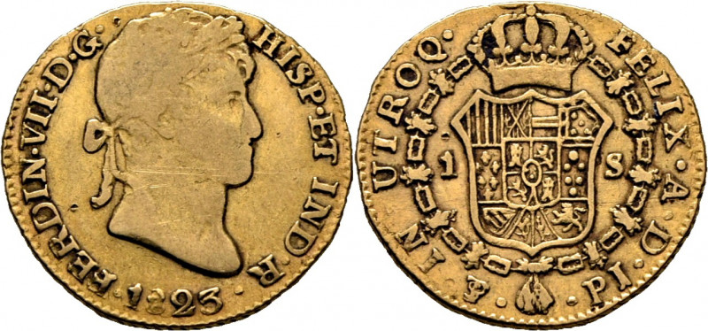 FERNANDO VII. Potosí. Escudo. 1823. PJ. Cy16194. F20. K92. Incisión en ambas áre...