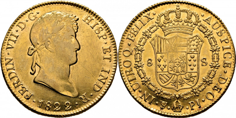 FERNANDO VII. Potosí. 8 escudos. 1822. PJ. Cy16509. F19. K91. Suaves y finas ray...