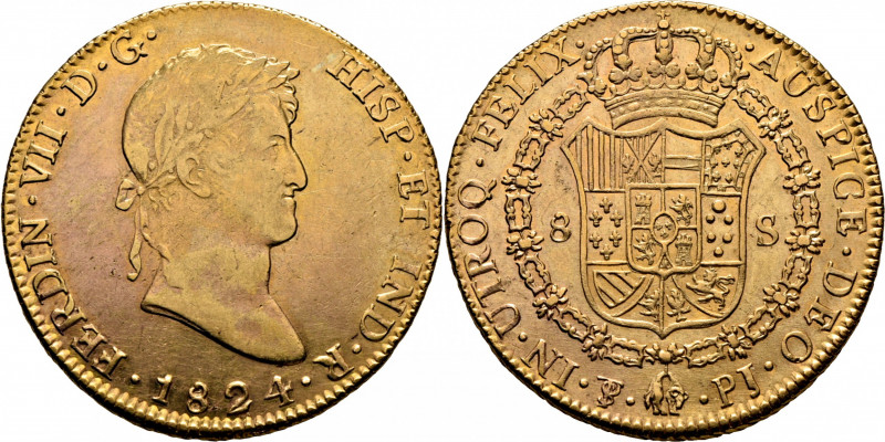 FERNANDO VII. Potosí. 8 escudos. 1824. PJ. Cy16514. F19. K91. Suaves y finas ray...