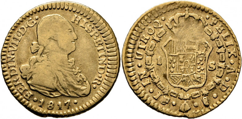FERNANDO VII. Santiago de Chile. Escudo. 1817. JF. Ceca a la derecha y ensayador...