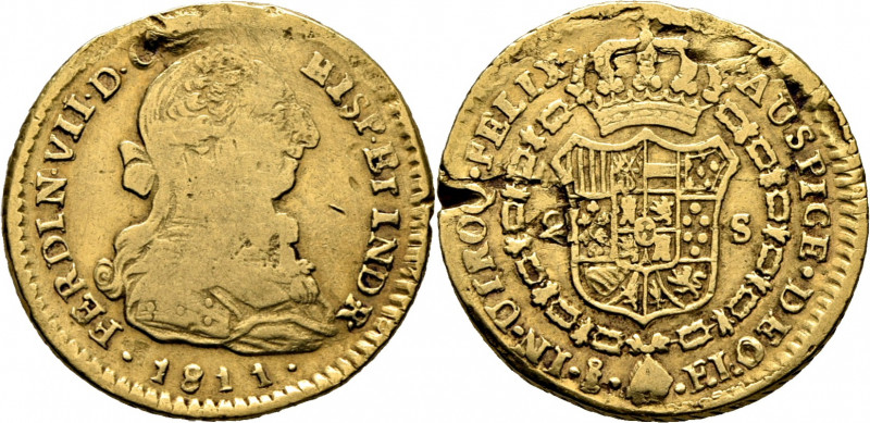 FERNANDO VII. Santiago de Chile. 2 escudos. 1811. FJ. Con busto de Carlos III. C...