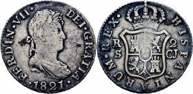FERNANDO VII. Sevilla. 2 reales. 1821. CJ. Rara