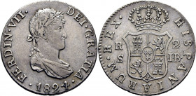 FERNANDO VII. Sevilla. 2 reales. 1824. JB. Rara
