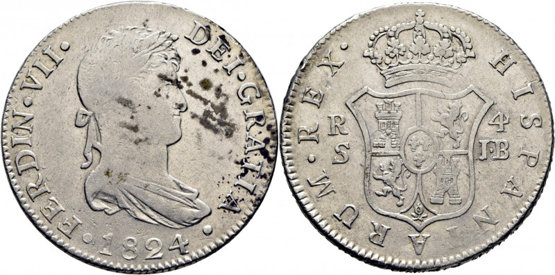 FERNANDO VII. Sevilla. 4 reales. 1824. JB sobre J. Cy no lo cita. Rayitas y marq...