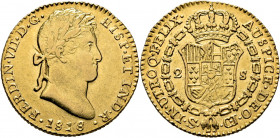 FERNANDO VII. Sevilla. 2 escudos. 1818 sobre 6. CJ. Atractiva. Rara