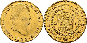 FERNANDO VII. Sevilla. 2 escudos. 1820. CJ. Leyenda D.R. en lugar de D.G. Muy raro error