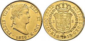 FERNANDO VII. Sevilla. 2 escudos. 1826. JB. Mejor que EBC/EBC+ o algo mejor. Muy buen ejemplar. Muy escasa