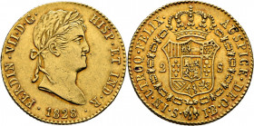 FERNANDO VII. Sevilla. 2 escudos. 1828. JB. EBC/EBC+. Bellísimo tono rojizo. Muy atractiva