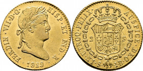 FERNANDO VII. Sevilla. 2 escudos. 1829. JB. EBC-/EBC. Atractiva