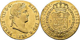 FERNANDO VII. Sevilla. 2 escudos. 1832. JB. EBC o algo mejor. Buen y atractivo ejemplar. Escasa