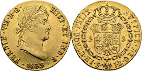 FERNANDO VII. Sevilla. 2 escudos. 1833. JB. EBC-. Atractiva