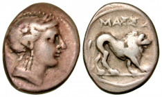 Gaul, Massalia. Civic issue. Ca. 200-150 B.C. AR tetrobol (16.9 mm, 2.54 g, 6 h). Wreathed and draped bust of the nymph Massalia right, wearing triple...