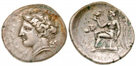 Bruttium, Terina. Civic issue. Ca.. 300 B.C. AR drachm (17.7 mm, 2.37 g, 12 h). TEPINAIΩN, ethnic to left, head of nymph Terina left, wearing triple-d...