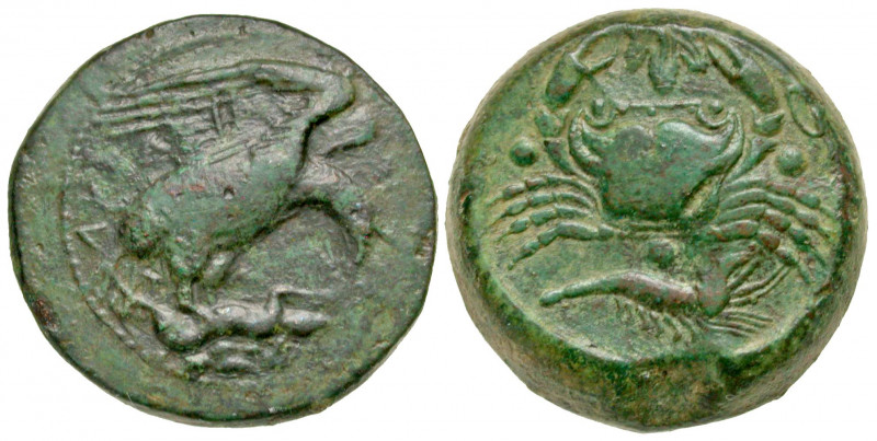 Sicily, Akragas. Ca. 425/0-410/06 B.C. AE tetras (22.1 mm, 11.19 g, 3 h). AKPA, ...