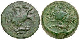 Sicily, Akragas. Ca. 425/0-410/06 B.C. AE tetras (22.1 mm, 11.19 g, 3 h). AKPA, eagle with head lowered, wings spread, standing right on hare / Crab; ...