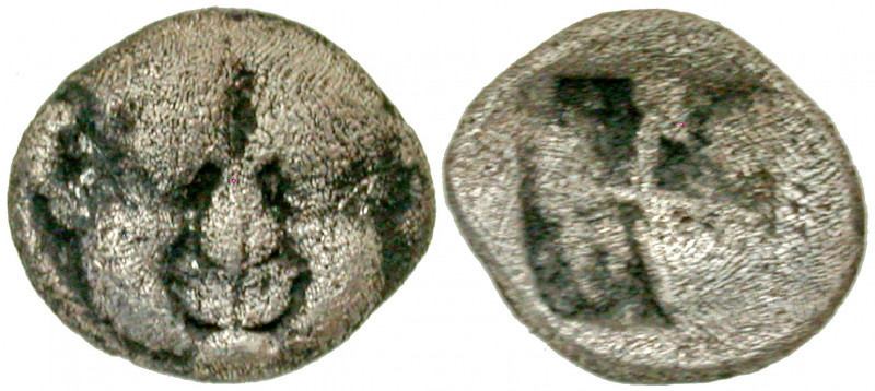 Macedon, Neapolis. Ca. 525-450 B.C. AR obol (8.6 mm, .59 g). Gorgoneion / Quadri...