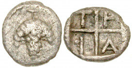 Macedon, Tragilos. Ca. 450-400 B.C. AR hemiobol (7.6 mm, .24 g, 10 h). Bunch of grapes / T P I A, legend in the quarters of a shallow incuse square. B...