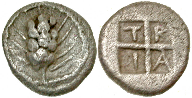 Macedon, Tragilos. Ca. 450-410 B.C. AR hemiobol (8.4 mm, .34 g, 1 h). Grain ear,...