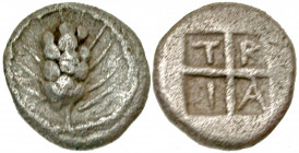 Macedon, Tragilos. Ca. 450-410 B.C. AR hemiobol (8.4 mm, .34 g, 1 h). Grain ear, circle of dots around / T P I A, legend in the quarters of a shallow ...
