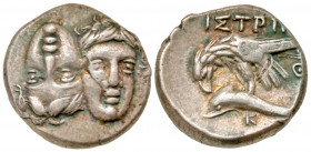 Moesia, Istros. Civic issue. 400-350 B.C. AR drachm (18.3 mm, 5.87 g, 6 h). Two young male heads facing, side-by-side, left face inverted / IΣTPH, eth...